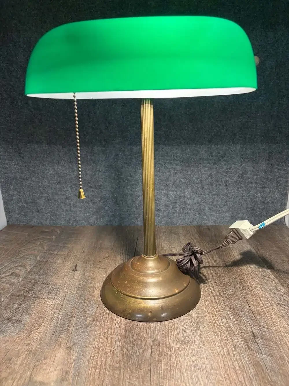 Vintage Bankers Desk Lamp with Emerald Green Glass Shade Brass Base & Pull Chain